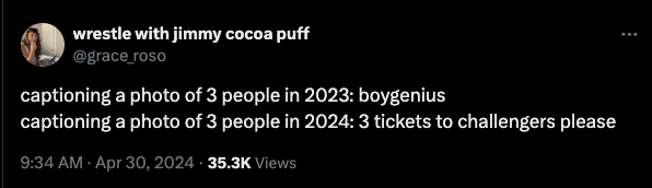 screenshot - wrestle with jimmy cocoa puff captioning a photo of 3 people in 2023 boygenius captioning a photo of 3 people in 2024 3 tickets to challengers please Views